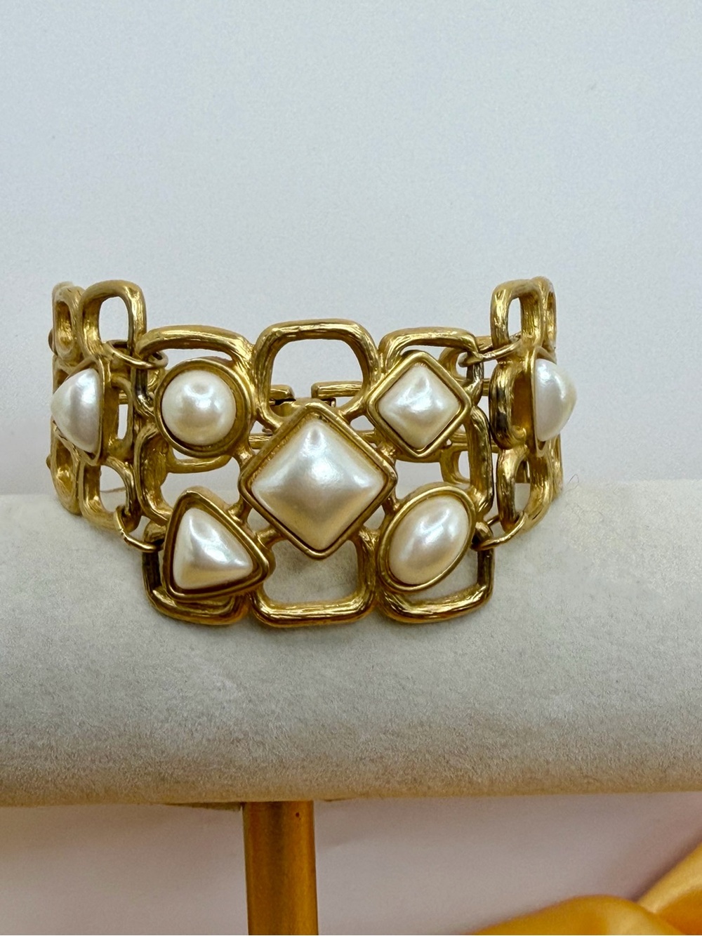 Vintage Avon Gold-Tone Faux Pearl Geometric Statement Link Bracelet